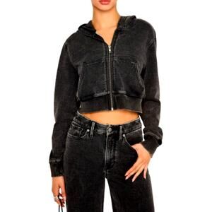 Good American Women's Black Jeanius Shrunken French Terry Zip Hoodie Size M